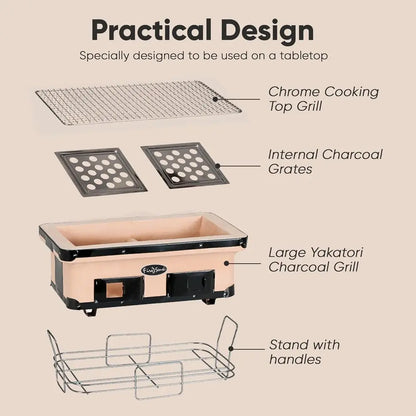 Large Tan Japanese Clay Charcoal Grill with Adjustable Ventilation for Outdoor BBQ and Camping