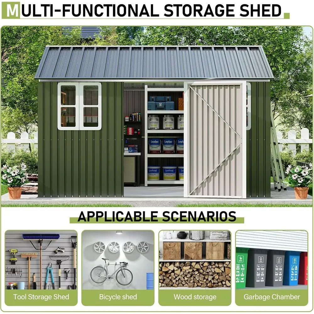 10 x 12 Outdoor Storage Shed with Lockable Door and 2 Windows, Grey/White for Garden and Patio Use