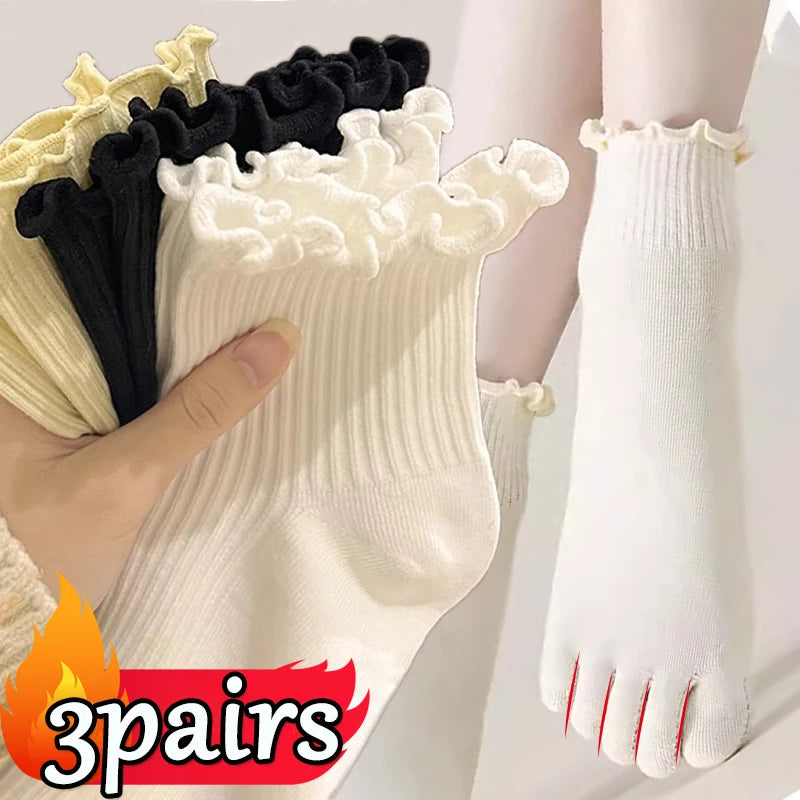 Women's cotton five-toe socks, fashionable rolled edges, white loose Harajuku short socks with toes