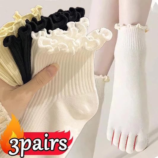 Women's cotton five-toe socks, fashionable rolled edges, white loose Harajuku short socks with toes