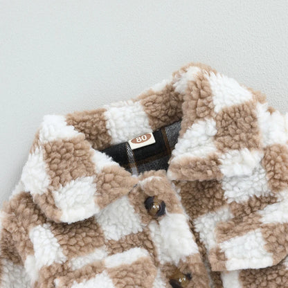 Girls Plaid Fleece Coat with Turn-Down Collar and Button Closure Long Sleeve Sherpa Jacket for Winter Warmth Toddler Kids