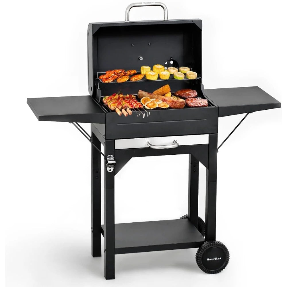 17 Inch Charcoal Grill with Two Side Tables, Outdoor Smoker BBQ Grill for Camping Patio Backyard Picnic, Black