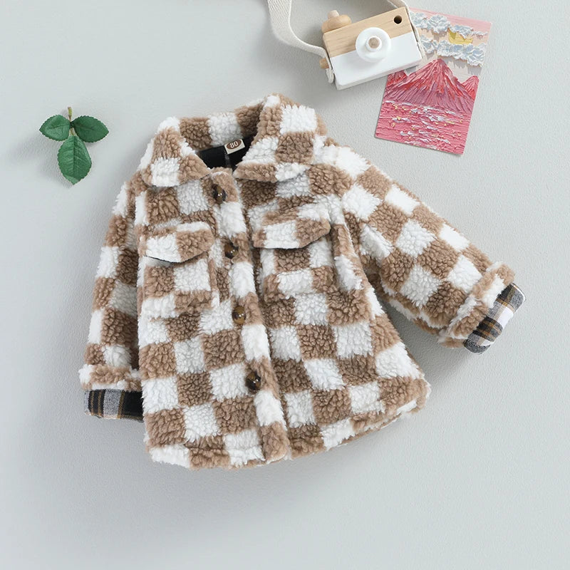 Girls Plaid Fleece Coat with Turn-Down Collar and Button Closure Long Sleeve Sherpa Jacket for Winter Warmth Toddler Kids