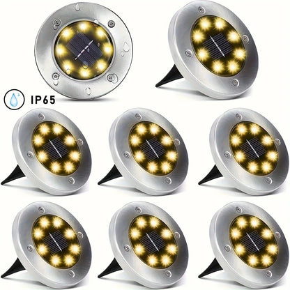 8 piece solar outdoor lights, IP65 solar disk lights, 8 LED solar ground lights, outdoor landscape lights for path, courtyard
