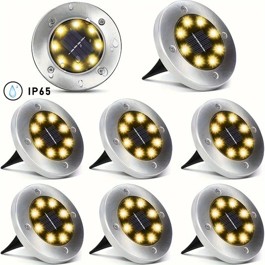 8 piece solar outdoor lights, IP65 solar disk lights, 8 LED solar ground lights, outdoor landscape lights for path, courtyard