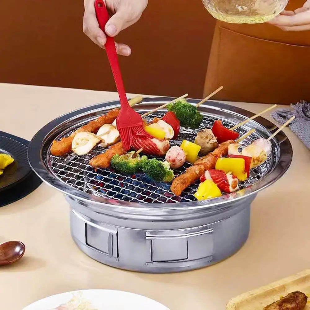 Portable Korean Style Stainless-Steel Barbecue Grill, Charcoal BBQ Round Grill Stove for Outdoor Camping, Picnicking & Parties 1