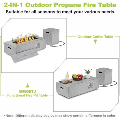 2-Piece Outdoor Propane Fire Pit Table Set,42'' Rectangular Fire Pits for Outside Patio Table Fire Pit w LED, 50,000 BTU