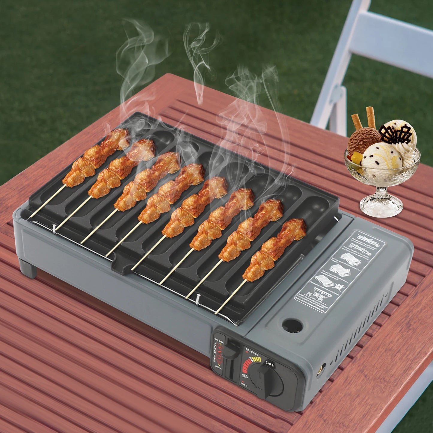 Portable Butane Gas Stove 2.2KW Outdoor Camping Picnic Cooking Grill Lightweight with Carry Case & Sausage Tray for Hiking BBQ