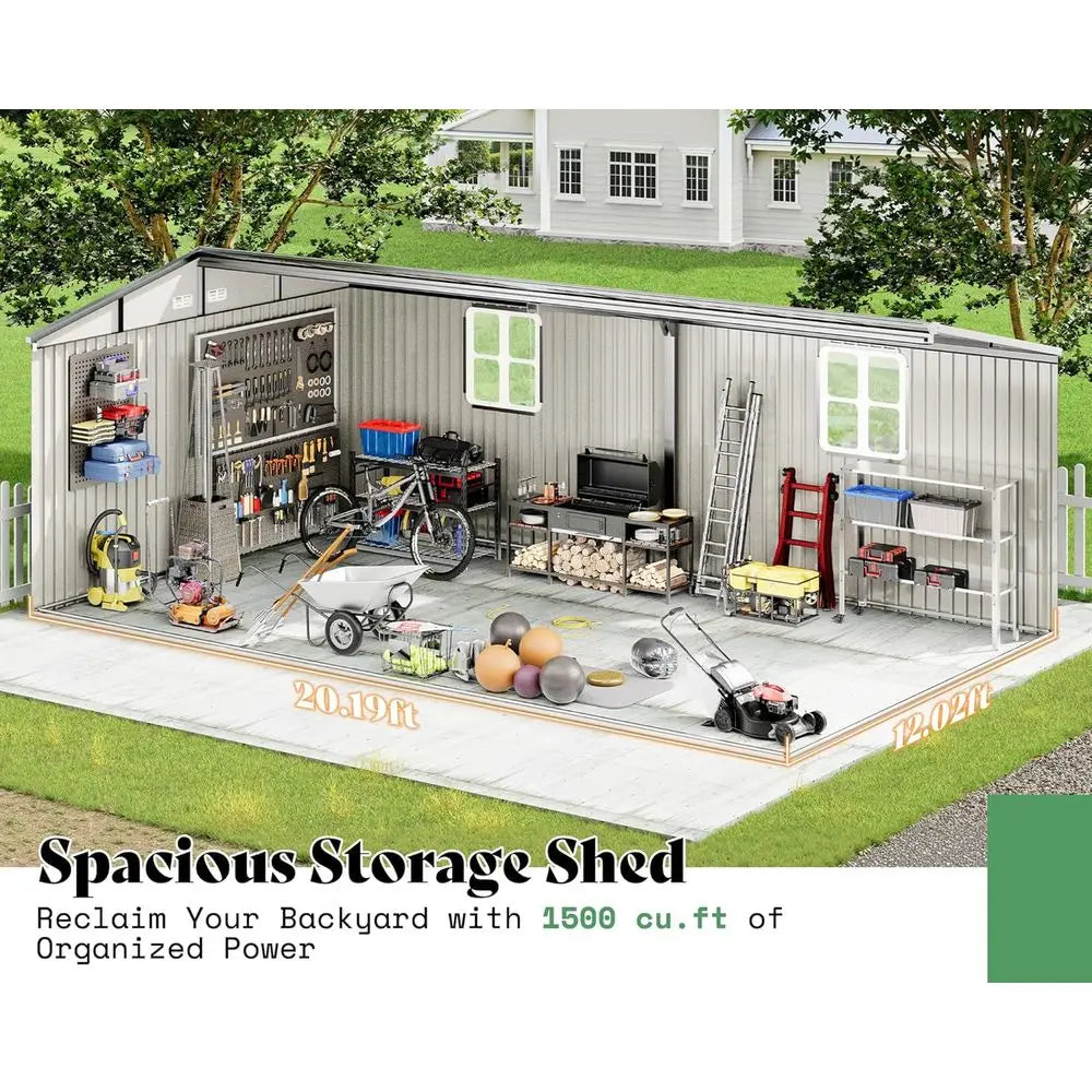 12x20x7.2ft Outdoor Metal Storage Shed with 2 Clear Panels, Double Hinged Doors, Windows, and Vents for Backyard Workshop
