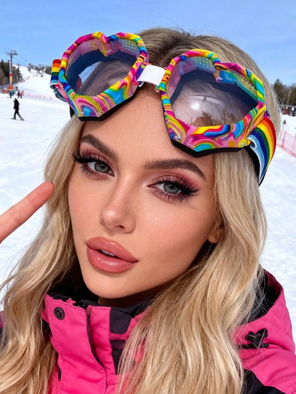 Heart-Shaped Sport Goggles with Rainbow Mirror Lens for Skiing & Snowboarding