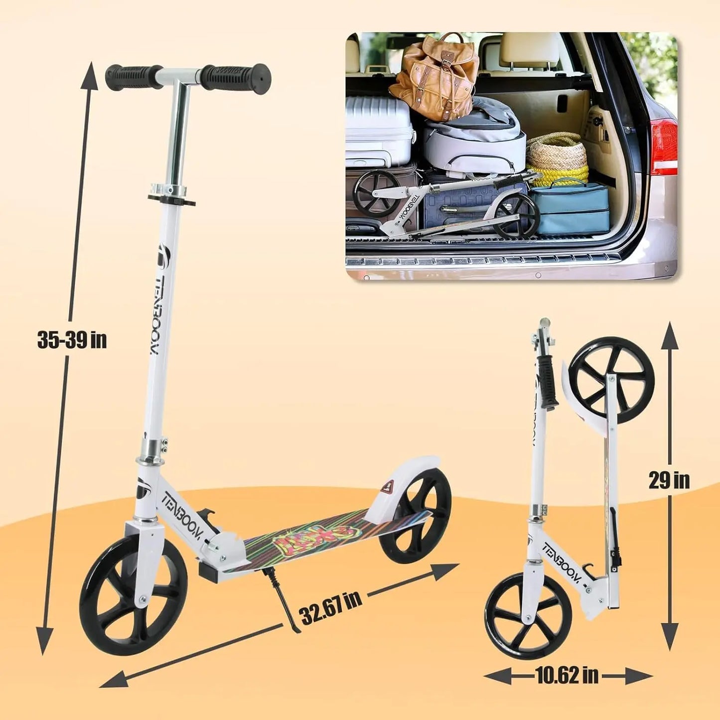 Scooter for Ages 14+ Teens & Adults, Foldable Kick Scooter with 8-inch Big Wheels, Kickstand, 3 Adjustable Levels, Rear Brake, M