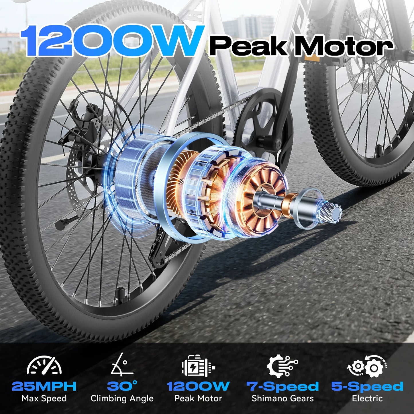 26" Electric Bike for Adults - 1200W Peak Motor, 28 MPH, 50 Mile Range, Removable 36V 13Ah Battery, 7-Speed, UL2849 Certified