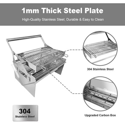 Portable 360-Degree Rotating Charcoal Grill with Lipped Basket - 304 Stainless Steel Smoker for Camping and Outdoor Adventures,