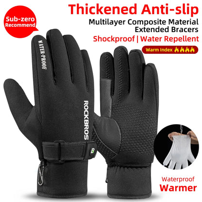 ROCKBROS Winter Gloves Motorcycle Waterproof Fleece Thermal Gloves Snowboard Snowmobile Gloves Men Women Snow Cycling Gloves