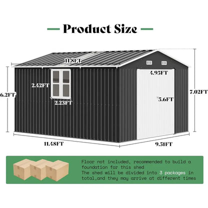 10x12x7ft Outdoor Metal Storage Shed with 2 Clear Panels, Hinged Doors, 2 Windows & 4 Vents, Reinforced Steel, Gray