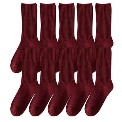 10Pairs Retro Women Cotton Loose Socks Autumn Winter Knitting Solid Color Long Black Pink Student Girls Sock US5-9
