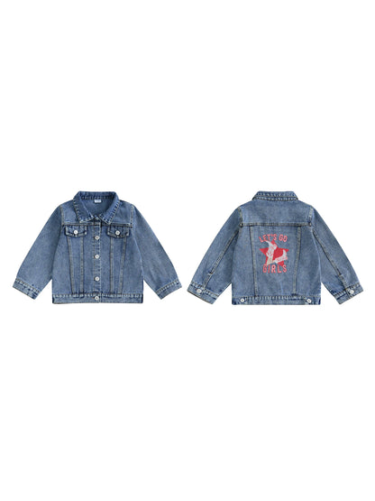 Girls Denim Jacket with Star Print and Warm Lining Long Sleeve Lapel Button Down Coat for Toddler Back Letter Detail