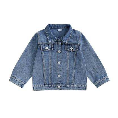 Girls Denim Jacket with Star Print and Warm Lining Long Sleeve Lapel Button Down Coat for Toddler Back Letter Detail