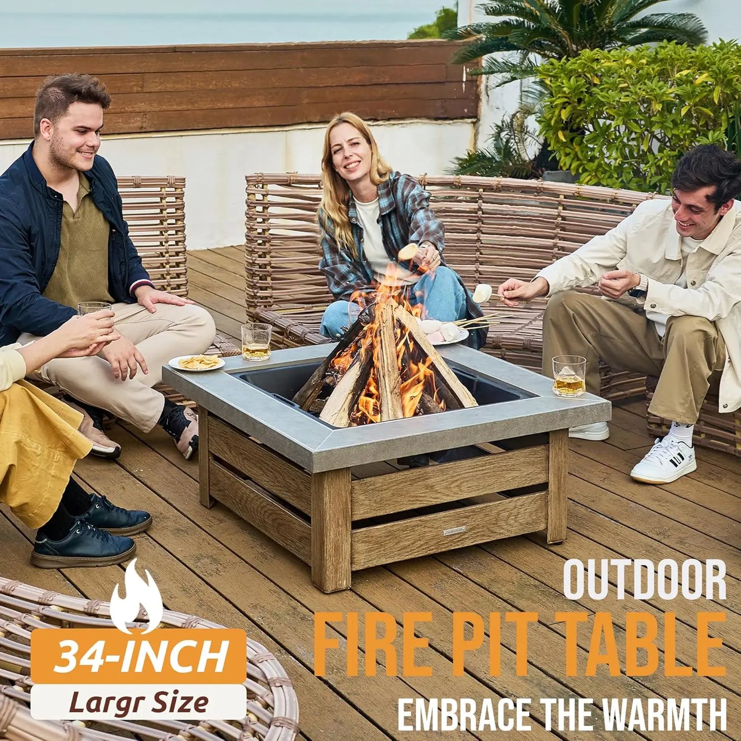 Firepits for Outside，Wood Burning Fire Pit with Wood-Grain Side Panels,Firepit for Outside with Mesh Cover & Fire, Customized