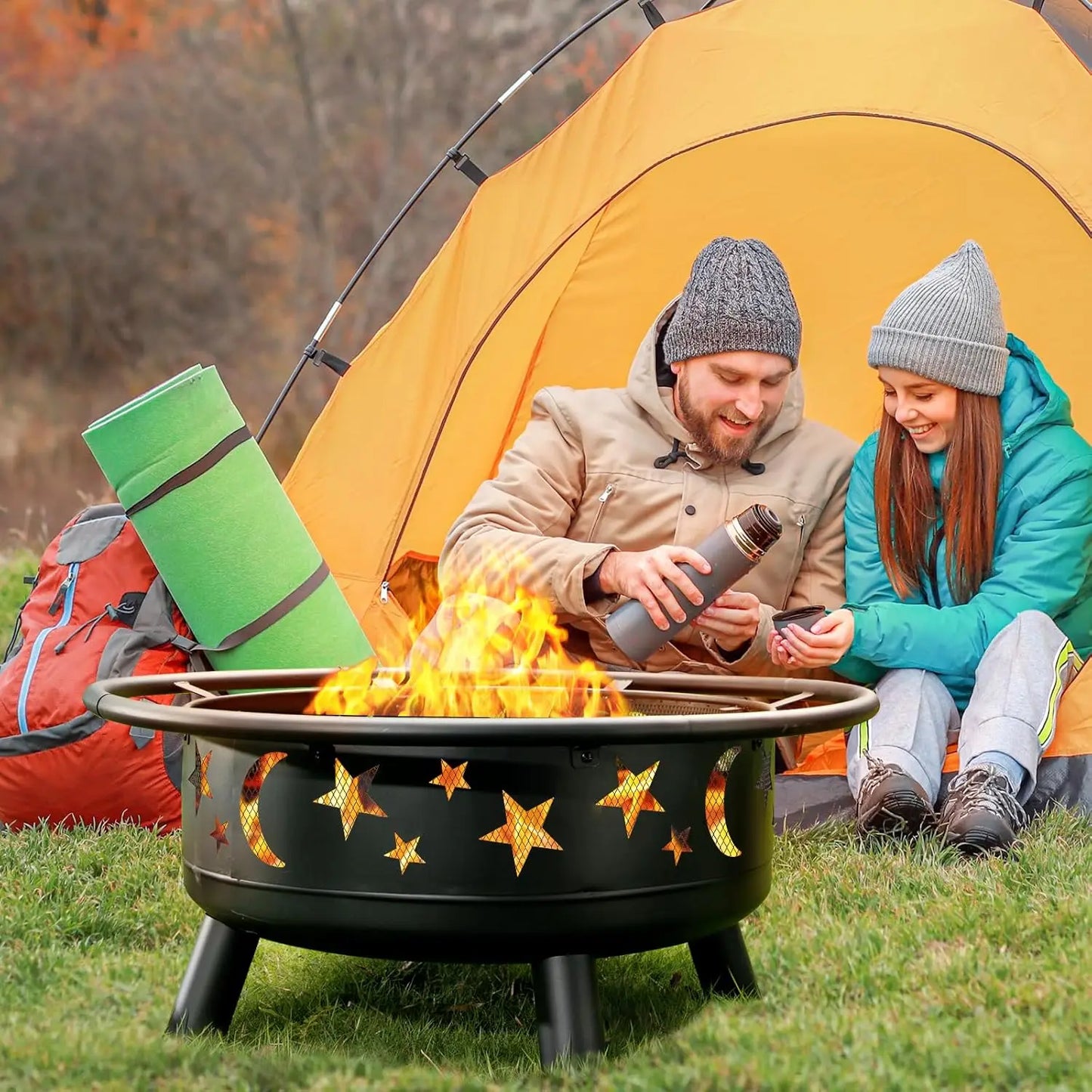 32 Inch Round Fire Pit with Mesh Cover, Fire Poker, Star and Moon Design, Metal Wood Burning Outdoor Firepit for, Customized