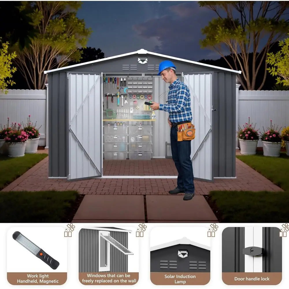 10x8 Outdoor Metal Storage Shed with Lockable Door and Vented Window for Garden Tools and Waterproof Backyard Storage