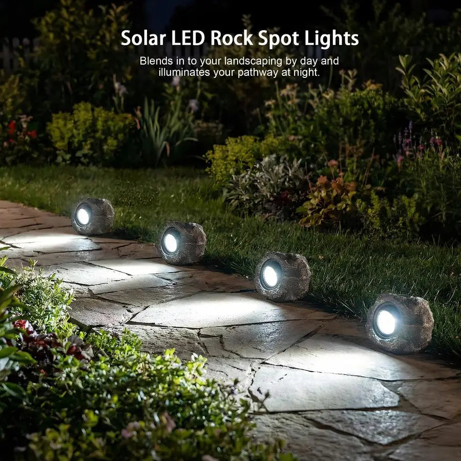 Rock Lights Outdoor 2 Pack Waterproof LED Landscape Garden Spotlights, Realistic Stone Design, Wireless Solar Powered Pathway Li