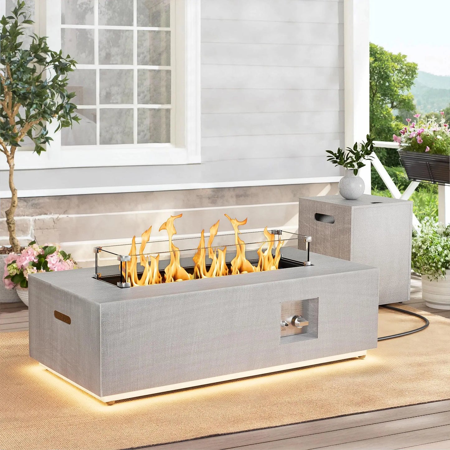 2-Piece Outdoor Propane Fire Pit Table Set,42'' Rectangular Fire Pits for Outside Patio Table Fire Pit w LED, 50,000 BTU