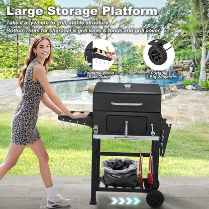 Portable Wood-Burning Grill with Side Table, 338 Sq. In. BBQ Area, Adjustable Charcoal Racks, and Thermometer for Outdoor Cookin