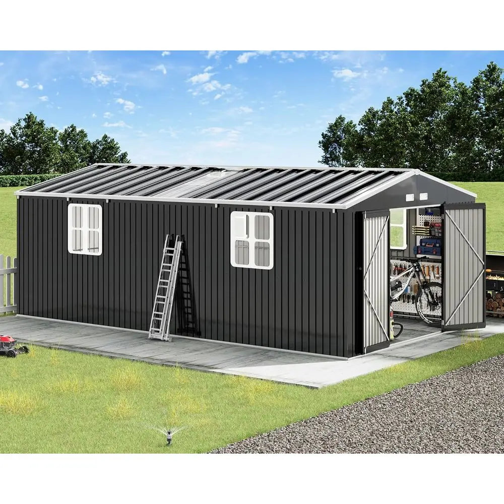12x20x7.2ft Outdoor Metal Storage Shed with 2 Clear Panels, Double Hinged Doors, Windows, and Vents for Backyard Workshop