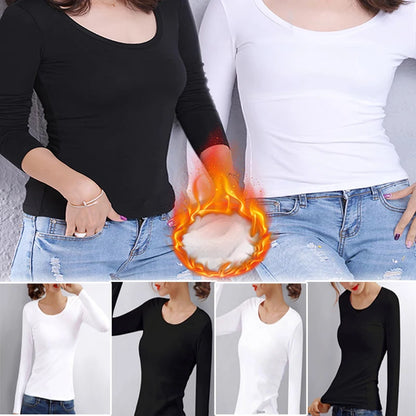 Winter Bottoming Shirt Women Thermal Underwear Solid Color German Velvet Long-Sleeved Basic T-Shirt Heating Fiber Thermal 2028