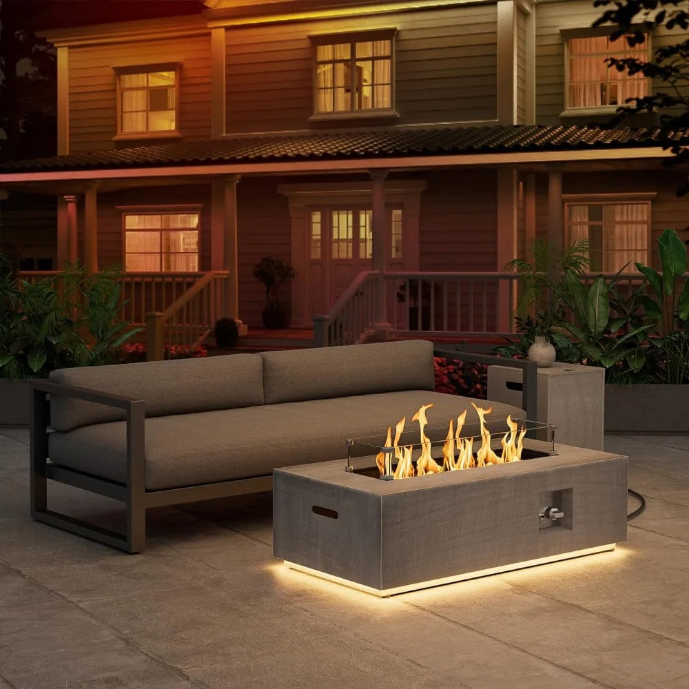 2-Piece Outdoor Propane Fire Pit Table Set,42'' Rectangular Fire Pits for Outside Patio Table Fire Pit w LED, 50,000 BTU