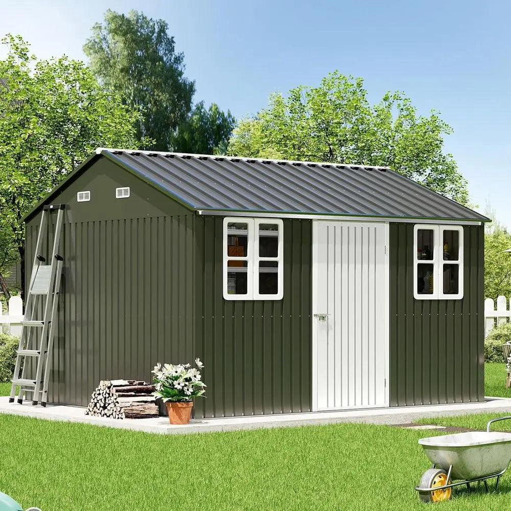 10 x 12 Outdoor Storage Shed with Lockable Door and 2 Windows, Grey/White for Garden and Patio Use