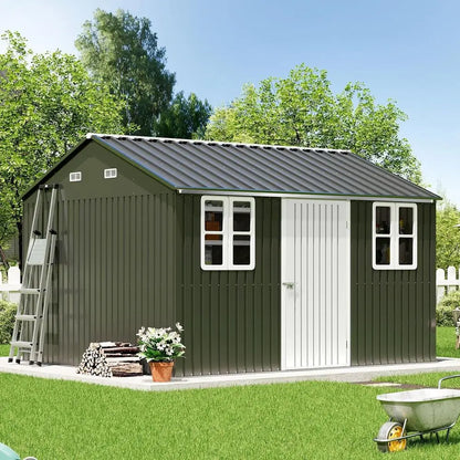 10 x 12 Outdoor Storage Shed with Lockable Door and 2 Windows, Grey/White for Garden and Patio Use
