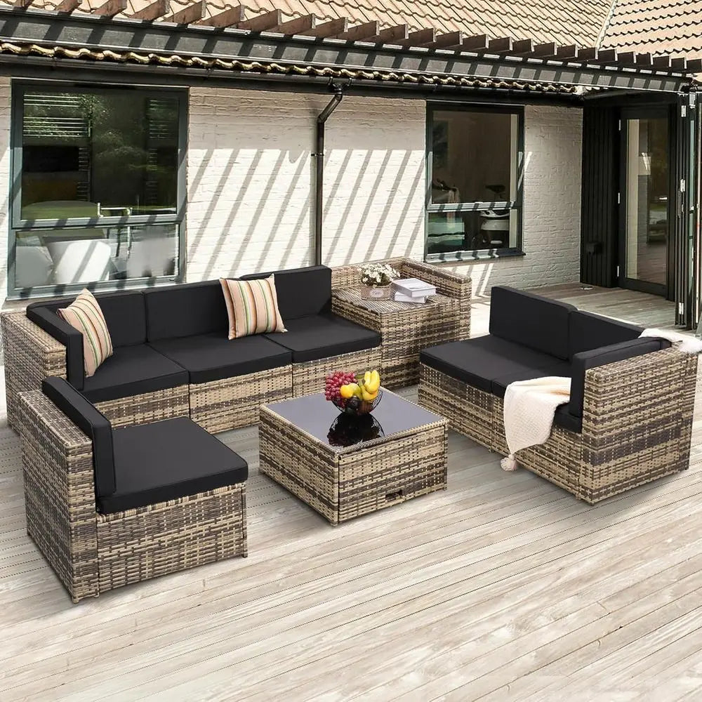 8-Piece Outdoor Wicker Sectional Patio Furniture Set with Cushions and Glass Top Table