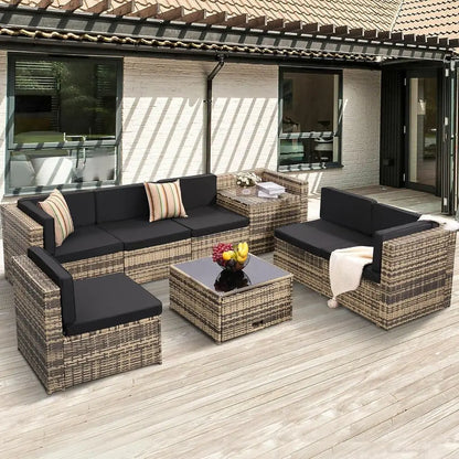 8-Piece Outdoor Wicker Sectional Patio Furniture Set with Cushions and Glass Top Table