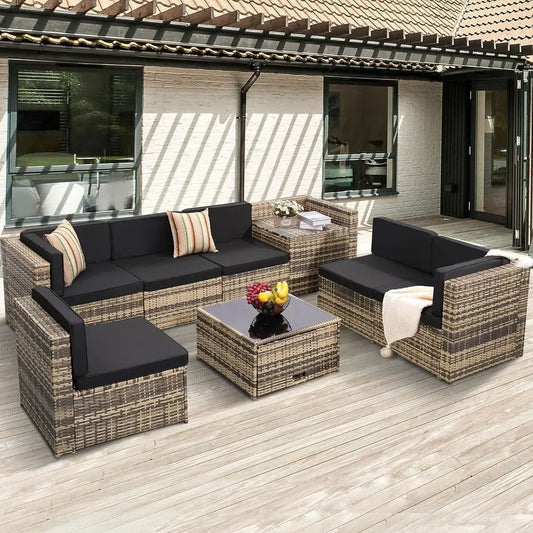 8-Piece Outdoor Wicker Sectional Patio Furniture Set with Cushions and Glass Top Table