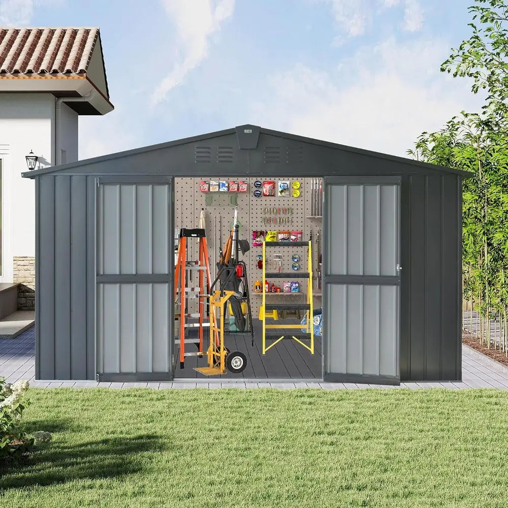 11' x 9' Metal Outdoor Storage Shed with Galvanized Steel, Windows, and Lockable Door for Garden, Tools, or Patio (Gray)