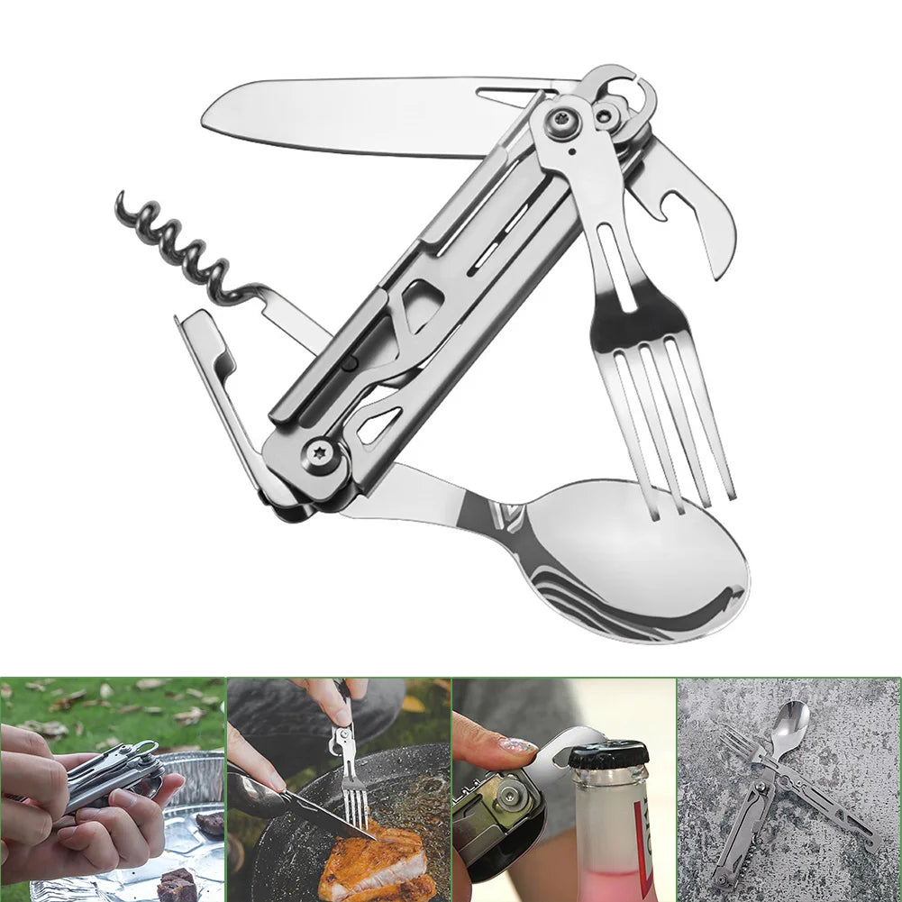6 in 1 Multifunctional Camping Tableware Foldable Portable Fork Spoon Knife EDC Tool Smooth for Picnic Hiking for Travelling BBQ