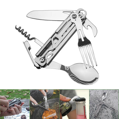 6 in 1 Multifunctional Camping Tableware Foldable Portable Fork Spoon Knife EDC Tool Smooth for Picnic Hiking for Travelling BBQ