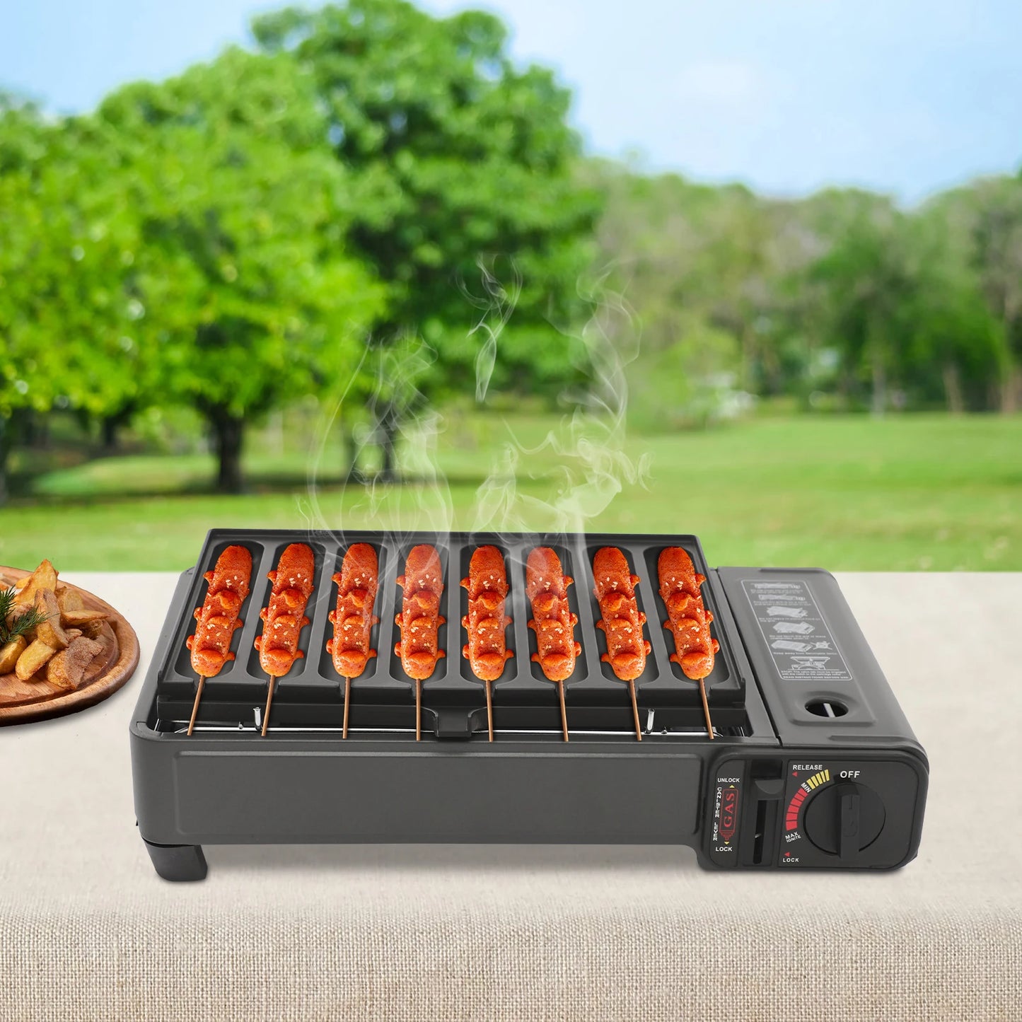 Portable Butane Gas Stove 2.2KW Outdoor Camping Picnic Cooking Grill Lightweight with Carry Case & Sausage Tray for Hiking BBQ