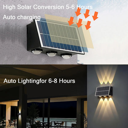 Solar Outdoor Wall Lights 1/3/6 Pack, 8 LED Warm White Solar Wall Sconce, Waterproof Exterior Garden Patio Lamp