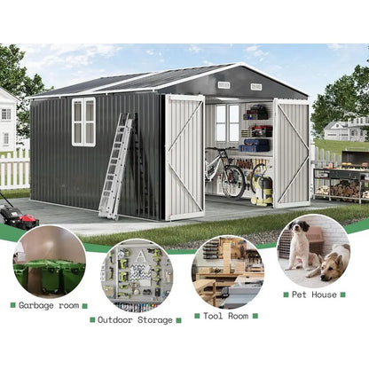 10x12x7ft Outdoor Metal Storage Shed with 2 Clear Panels, Hinged Doors, 2 Windows & 4 Vents, Reinforced Steel, Gray