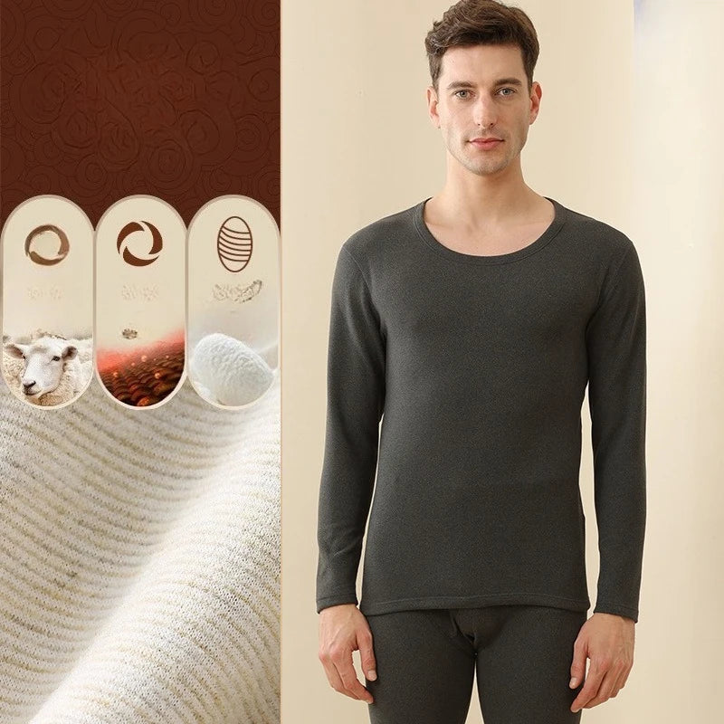 Men's Winter Underwear Set Warm Fleece Lined T Shirt Thick Crew Neck Solid Basic Pants Two Pieces Thermal Underwear Clothing