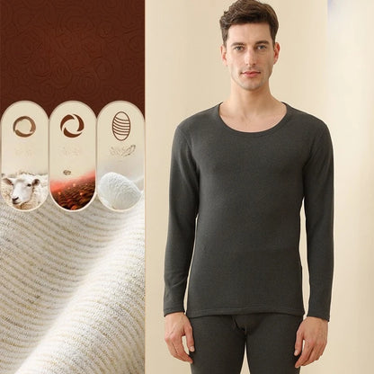 Men's Winter Underwear Set Warm Fleece Lined T Shirt Thick Crew Neck Solid Basic Pants Two Pieces Thermal Underwear Clothing
