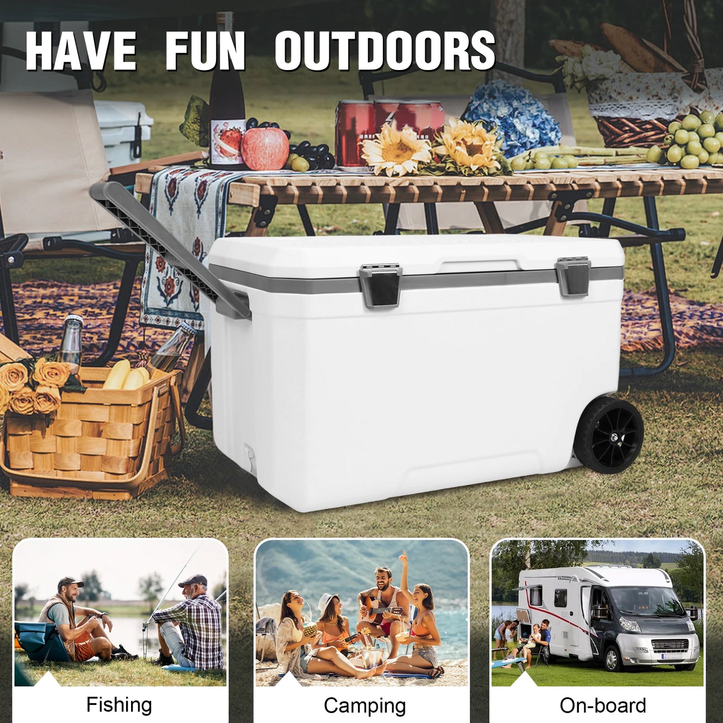 70L Outdoor Camping Vehicle Insulated Box with Handle Portable Car Wheel Insulator Plastic Cooler Box for Beach Beverage Camping