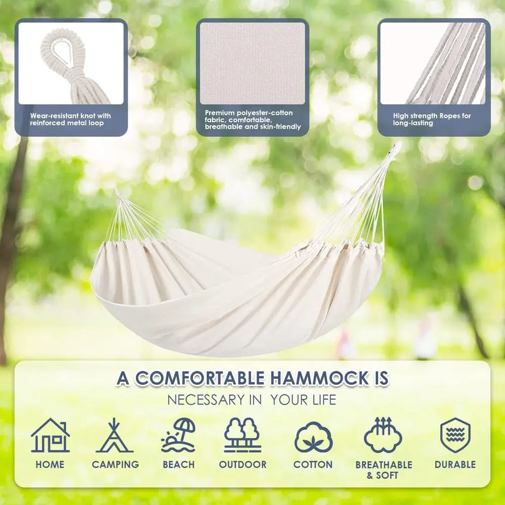 Portable Double Hammock with Tree Straps for Outdoor, Indoor, Patio, and Backyard Use (Beige White)