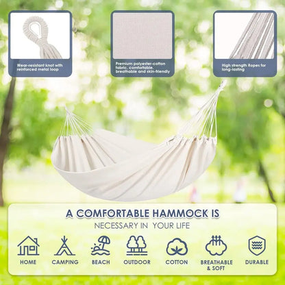 Portable Double Hammock with Tree Straps for Outdoor, Indoor, Patio, and Backyard Use (Beige White)