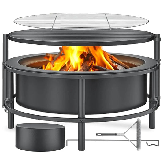 Fire Pits for Outside Wood Burning, Large Outdoor Fire Pit Stove with Roating Table and BBQ Grill, Cold Finished, Customized