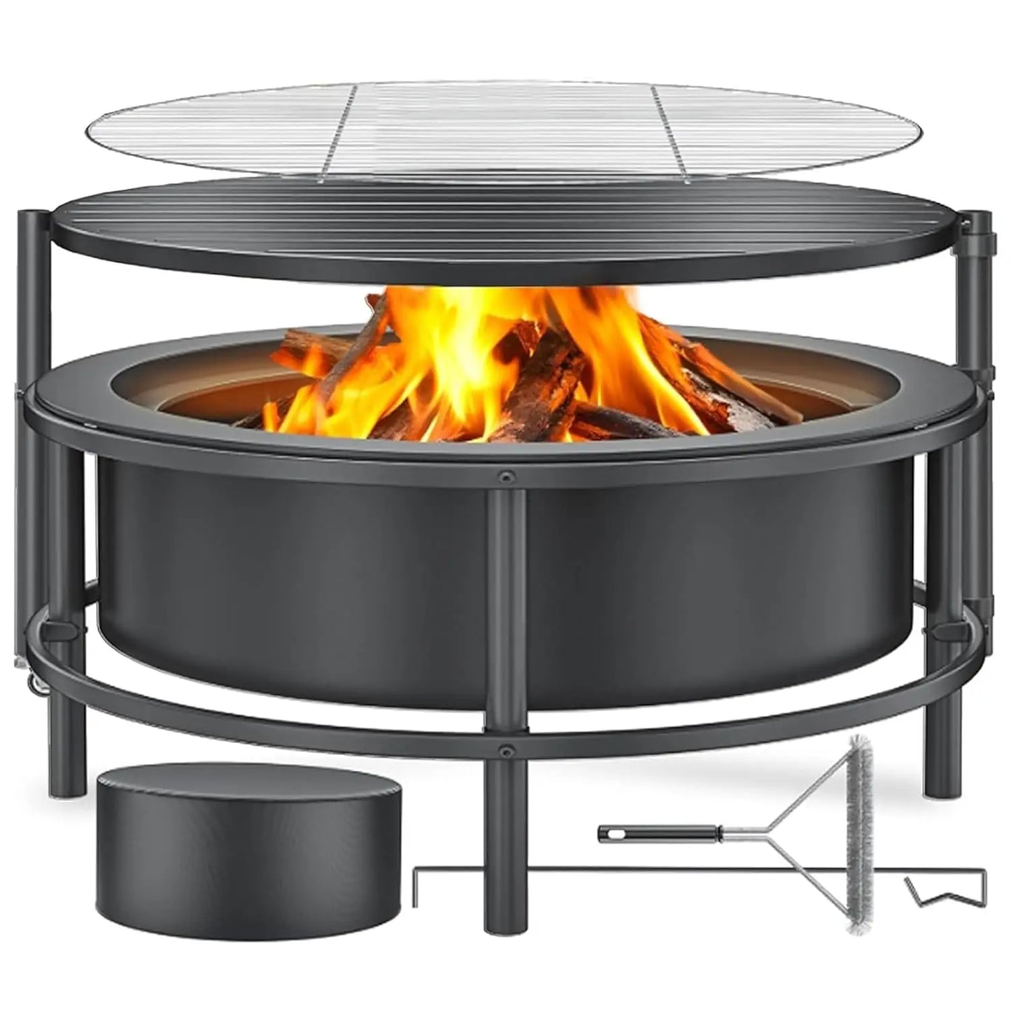 Fire Pits for Outside Wood Burning, Large Outdoor Fire Pit Stove with Roating Table and BBQ Grill, Cold Finished, Customized