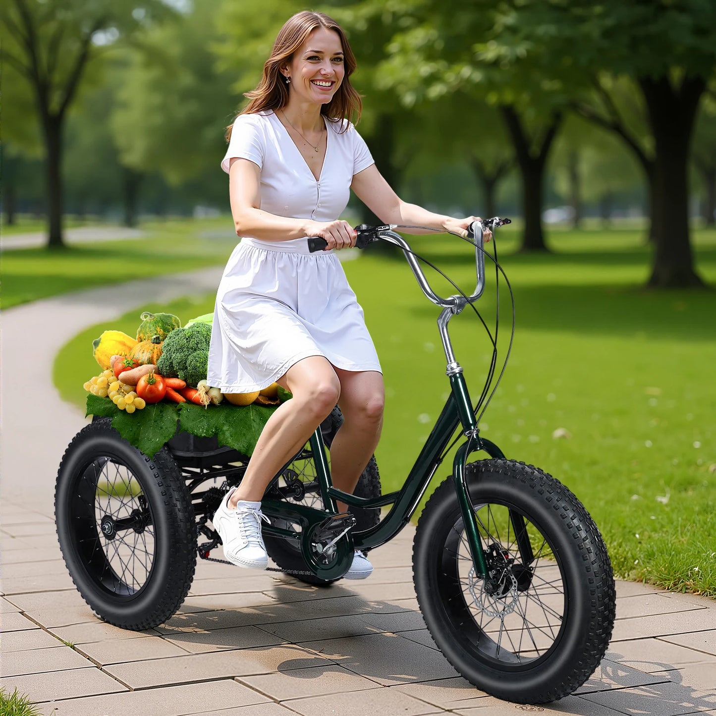 Non electric - (maximum weight capacity 450 pounds) 7-speed manual fat tire tricycle, 20 inch adult tricycle, snow tires